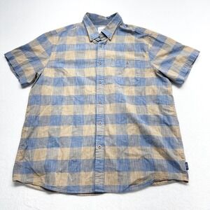 ROWM Plaid Button Down Mens Size XL Blue Tan Check‎ Short Sleeve Cotton Shirt